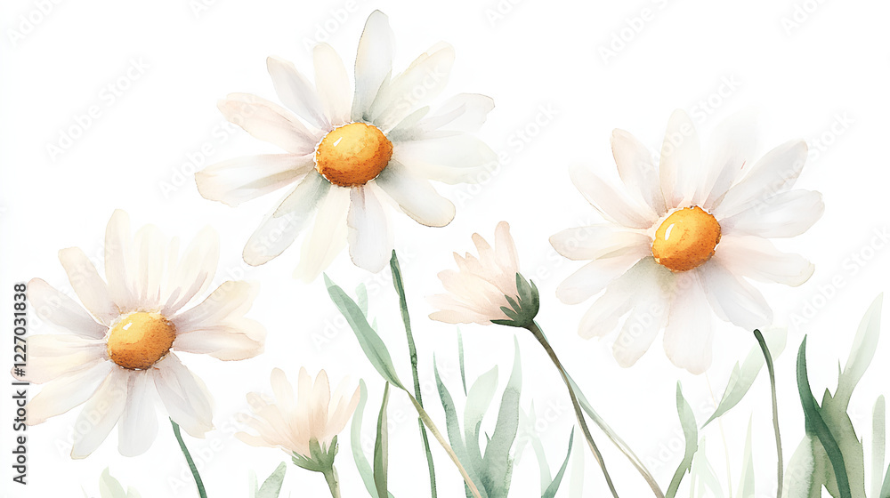 Obraz premium Delicate Watercolor Clipart of Daisies with Soft White Petals and Yellow Centers