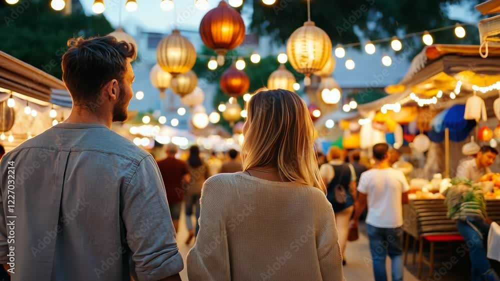 A couple strolls hand-in-hand through a vibrant city market, soaking in the local culture and crafts. A couple strolls hand-in-hand through a vibrant city market, soaking in the local culture and crafts.