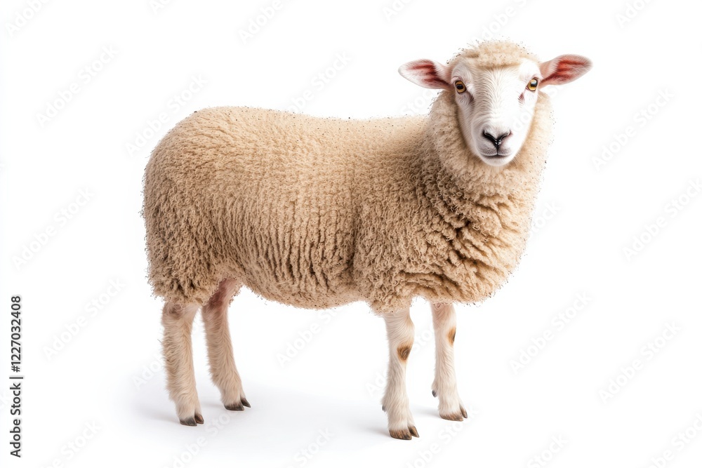 A fluffy sheep stands against a white background. A fluffy sheep stands against a white background.
