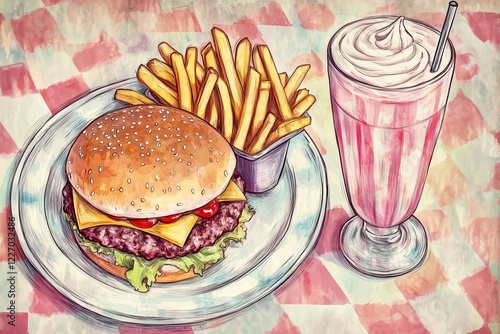 drawing of delicious cheeseburger with fries and milkshake served on a retro diner table