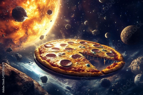 Creative depiction of a pizza floating through space surrounded by planets and stars