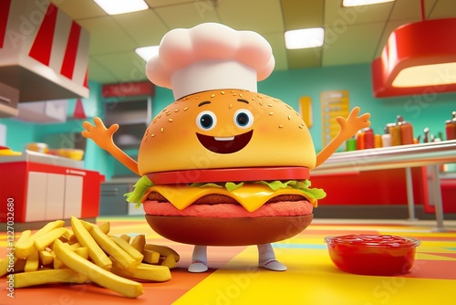 Happy animated burger chef in a colorful fast food kitchen with fries and ketchup