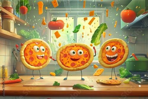 Cartoon pizzas celebrate in a lively kitchen filled with colorful vegetables and ingredients during a fun cooking moment