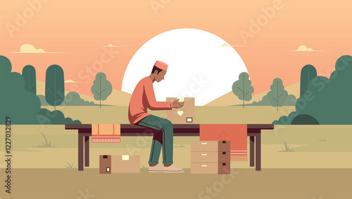 Ramadan vector flat design illustration of charity activities carried out by a volunteer