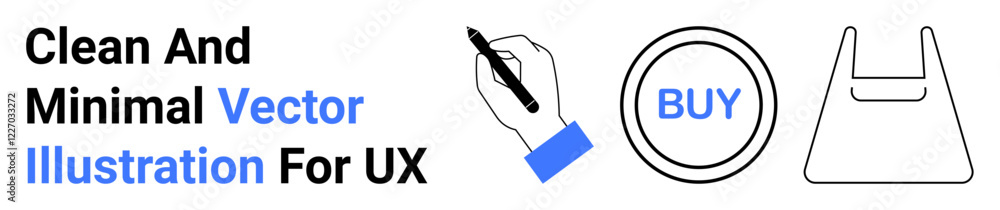 Pen drawing in hand, Buy button in circle, shopping bag outline. Ideal for UX design, ecommerce themes, creative apps, online shopping concepts, digital tools, marketing visuals flat landing page Pen drawing in hand, Buy button in circle, shopping bag outline. Ideal for UX design, ecommerce themes, creative apps, online shopping concepts, digital tools, marketing visuals flat landing page