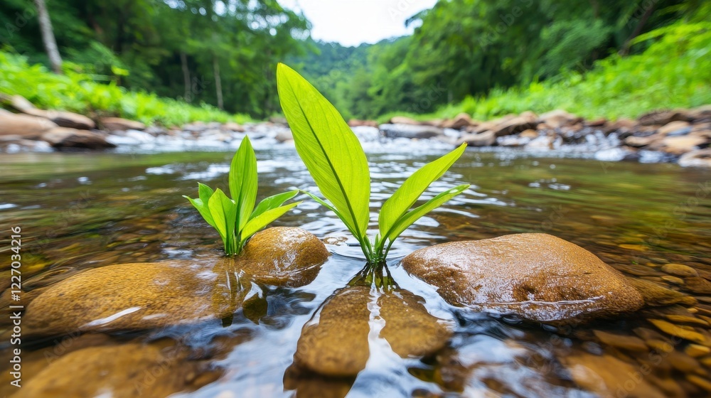 New green leaves emerging from smooth stones in a tranquil stream flowing through a vibrant forest ecosystem New green leaves emerging from smooth stones in a tranquil stream flowing through a vibrant forest ecosystem