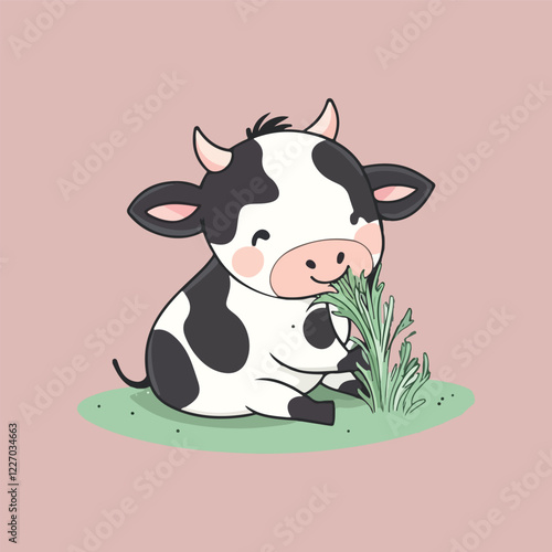 Cute cow eating grass cartoon Vector Illustration