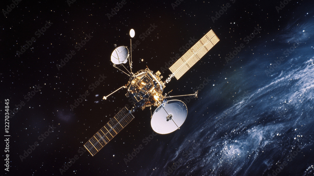 Telecommunication satellite vector icon. Broadcast dish in space with antenna. Television and radio communication broadcasting channel satellite with radar or navigation space station Telecommunication satellite vector icon. Broadcast dish in space with antenna. Television and radio communication broadcasting channel satellite with radar or navigation space station