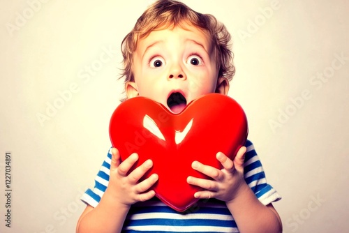 Ð¡hildren valentine's day greeting card: toddler boy with startled face holds red heart in hands. Sign of love. Commercial promotion concept art. Happy family valentine's hugs. photo