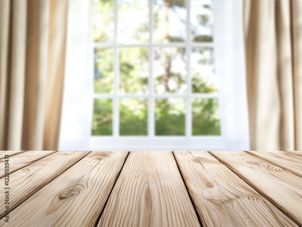 Empty wooden table in front of a window with an abstract blur in the background for design and decoration Empty wooden table in front of a window with an abstract blur in the background for design and decoration