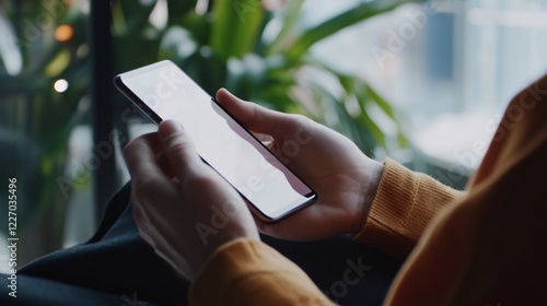 A person holding a mobile phone with a white screen in their hands closeup photo