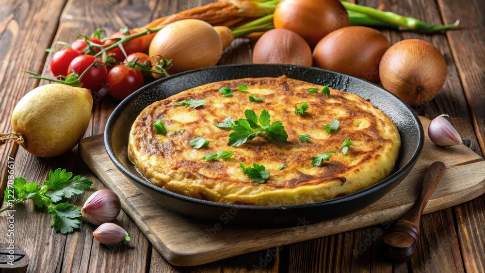 Savory Spanish omelette in a cast iron skillet filled with potatoes and onions, spanish omelette, cast iron cooking vessel Savory Spanish omelette in a cast iron skillet filled with potatoes and onions, spanish omelette, cast iron cooking vessel