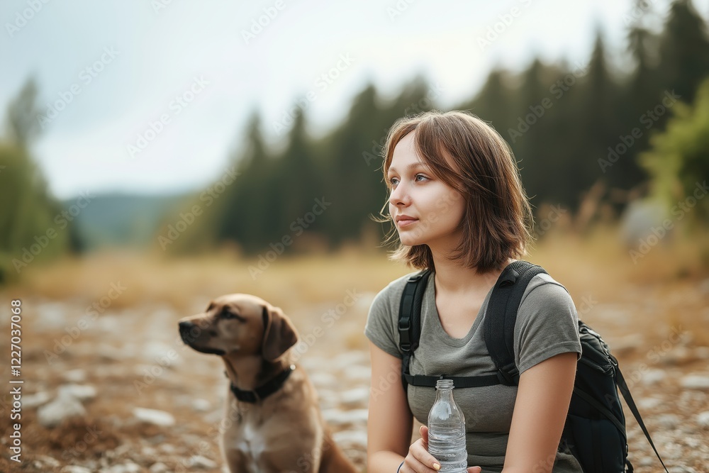 Young woman takes a rest with her dog after jogging on a scenic trail surrounded by nature Young woman takes a rest with her dog after jogging on a scenic trail surrounded by nature