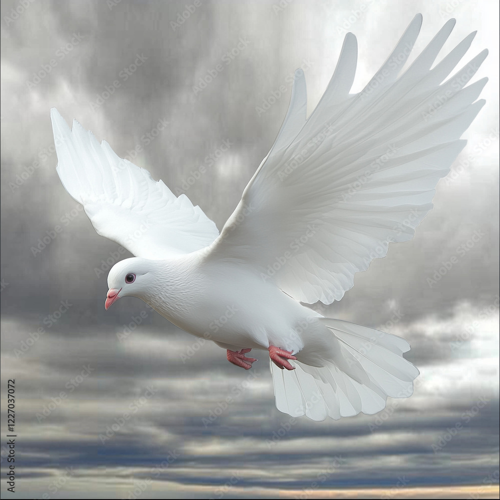 Obraz premium A white dove soars against a backdrop of grey storm clouds, wings outstretched in a symbol of peace and hope.