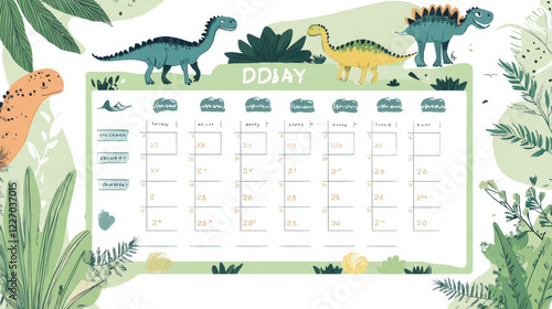 Funny dinosaurs on daily planner template. Diary, to do list, day schedule, calendar or notebook page layout with vector dino frame background. Cartoon brachiosaurus, velociraptor, diplodocus planner photo