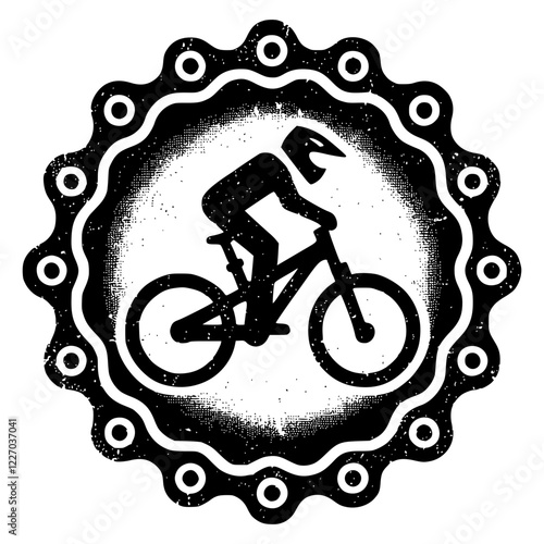 A distressed metal badge featuring a bike chain surrounding a downhill cycling figure