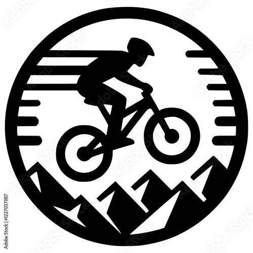 A dynamic logo featuring a cyclist mid-air performing a jump, with jagged mountains in the background