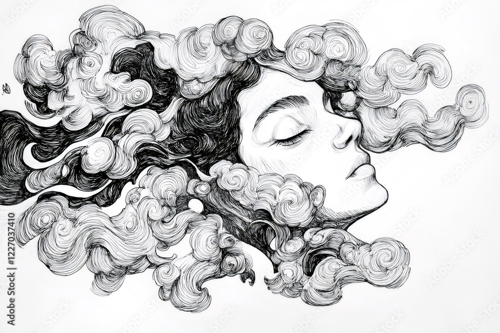 Fototapeta premium Surreal ink drawing representing a woman sleeping with closed eyes surrounded by swirling clouds, creating a dreamy atmosphere