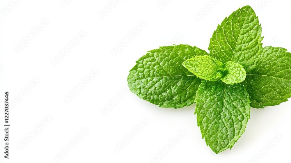 Fresh mint leaves with dew on a white background showcasing vibrant green color and natural texture Fresh mint leaves with dew on a white background showcasing vibrant green color and natural texture