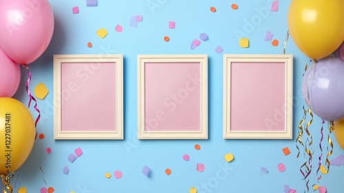 Blue background with three pink frames and three yellow balloons. The balloons are scattered around the frames and the background, creating a festive and celebratory atmosphere photo