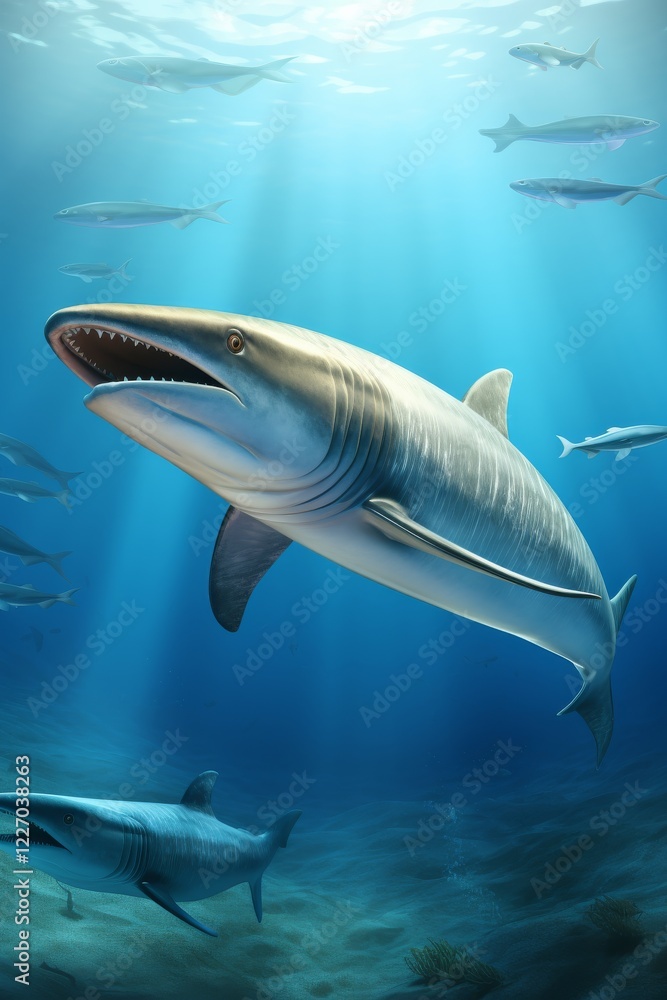 Obraz premium Majestic shark gliding through sunlit waters in a vibrant ocean setting. Generative AI