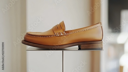 A classic penny loafer with intricate stitching details resting on a minimalist metal stand photo