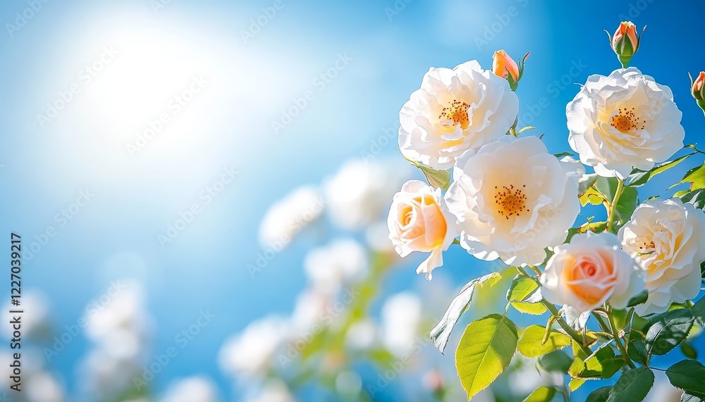 White Roses in Full Bloom, Orange Pistils Glow in the Sunlight, Vibrant Blue Sky Background