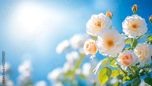 Obraz na płótnie White Roses in Full Bloom, Orange Pistils Glow in the Sunlight, Vibrant Blue Sky Background w salonie
