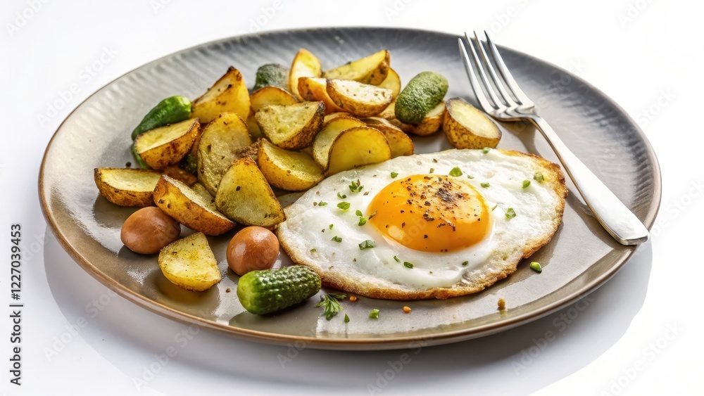A cracked fried egg on a plate with sliced gherkin and roast potato, topped with a sprinkle of salt and pepper, served on a white background , utensils, kitchen A cracked fried egg on a plate with sliced gherkin and roast potato, topped with a sprinkle of salt and pepper, served on a white background , utensils, kitchen