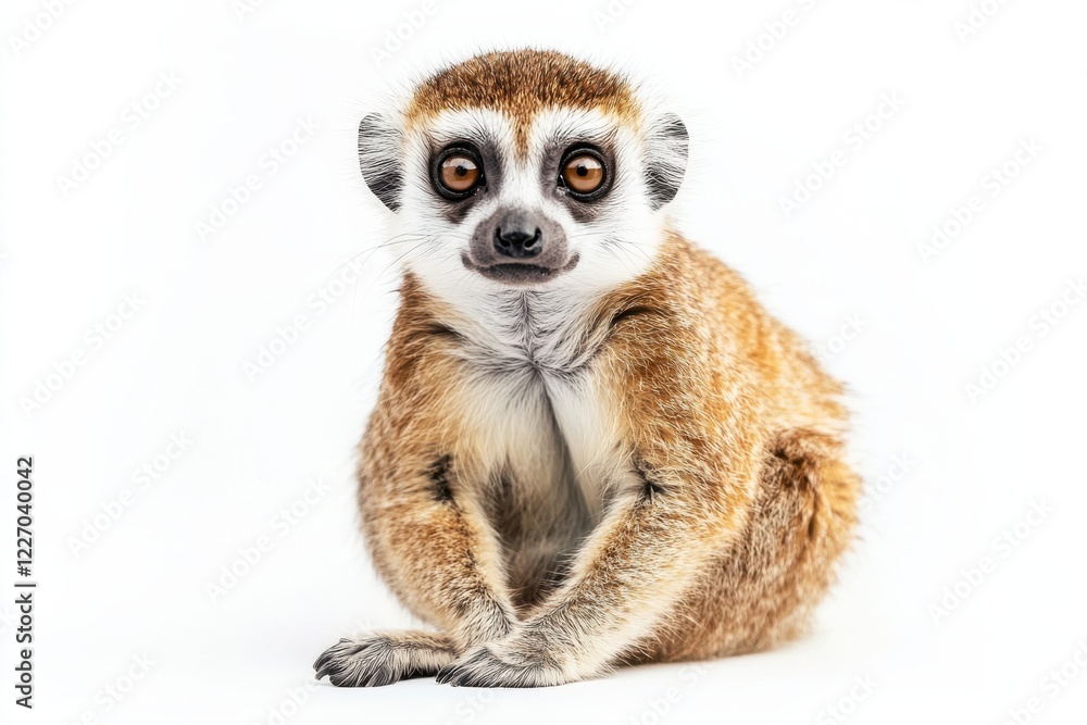 Fototapeta premium Adorable baby lemur sits on white background.