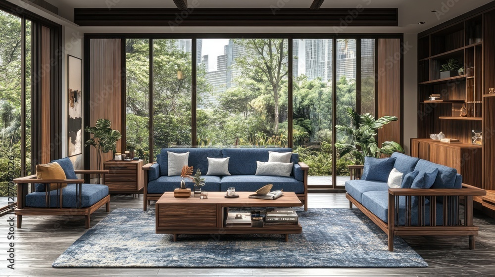 Modern living room, wood furniture, city view, relaxation Modern living room, wood furniture, city view, relaxation