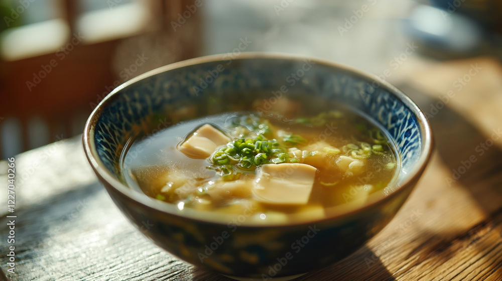 A bowl of chicken soup , on the table at restaurant A bowl of chicken soup , on the table at restaurant
