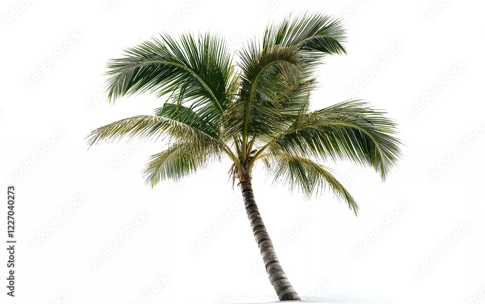 Obraz premium Close-up of a coconut palm tree with vibrant green leaves on a white background representing nature's tropical beauty and vitality