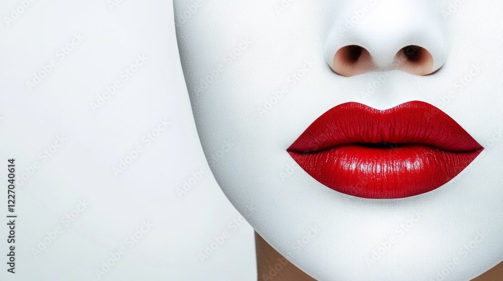 Woman's face is painted white and red. The lips are painted red and the eyes are closed. The woman's face is painted in a way that makes her look like a doll Woman's face is painted white and red. The lips are painted red and the eyes are closed. The woman's face is painted in a way that makes her look like a doll