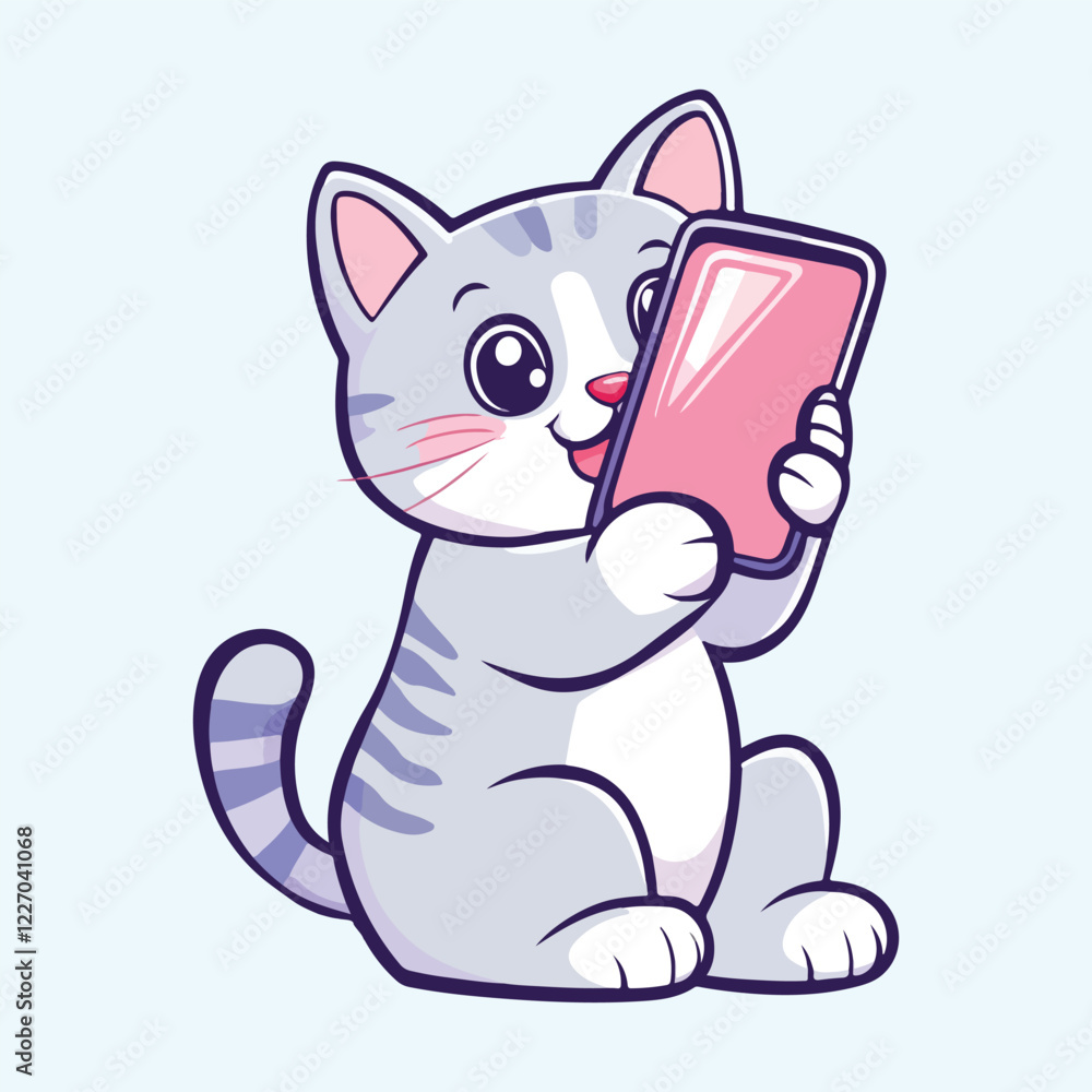 Cute cat holding a mobile phone Cartoon Vector Illustration Cute cat holding a mobile phone Cartoon Vector Illustration