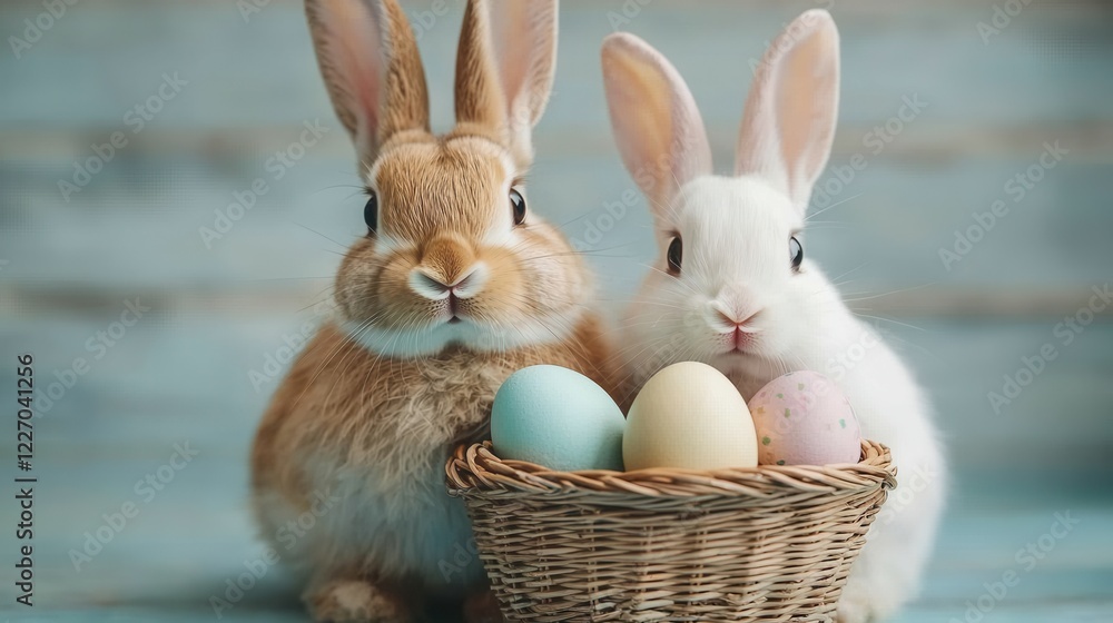 Obraz premium Easter bunny day concept. Adorable Easter Bunny Family with Mother and Baby Bunnies in Wicker Basket