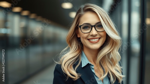 Professional headshot  smiling blonde woman  black-rimmed glasses  blue blouse  office background
