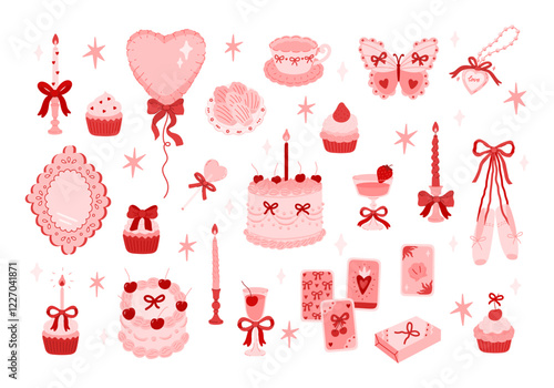 Coquette aesthetic set clipart. Decorative elements balloon, cakes, cup, ballet shoes, lollipop, cookies, cocktails, taro cards, butterfly, pendant, candles. Elegant vintage decor. Festive collection