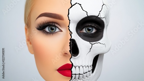 Woman's face is split in half, with one half featuring a skull and the other half featuring a woman's face photo