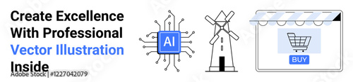 AI chip design, windmill indicating renewable energy, and e-commerce shop cart represent technology, sustainability, and online shopping. Ideal for business, marketing, innovation, technology