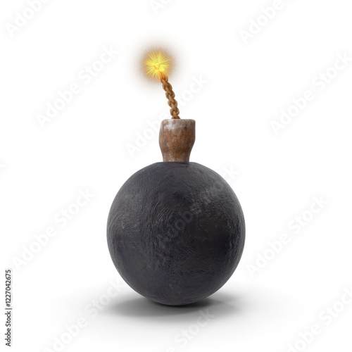 It is a realistic bomb with a burning fuse emitting sparks and light, ready to explode. It is an isolated 3D PNG explosive, a spherical military TNT weapon