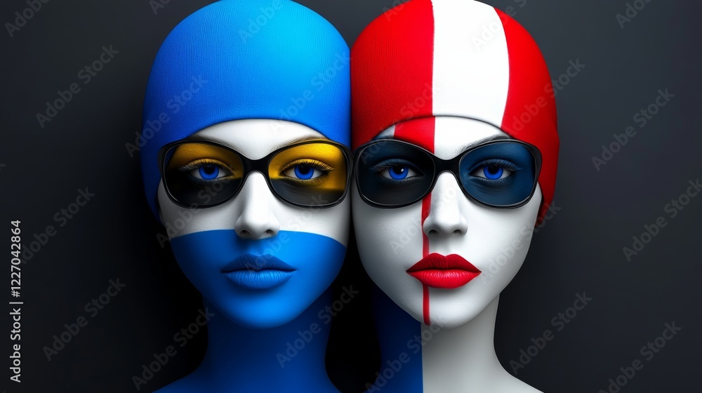 Two women with blue and red faces and glasses. The blue face is wearing a blue hat and the red face is wearing a red hat Two women with blue and red faces and glasses. The blue face is wearing a blue hat and the red face is wearing a red hat
