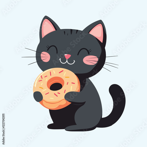 Cute cat holding a donut cartoon Vector Illustration
