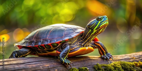 Close-up portrait of a Painted Turtle (Chrysemys picta), showcasing its vibrant shell and intricate skin texture in its natural pond habitat. photo