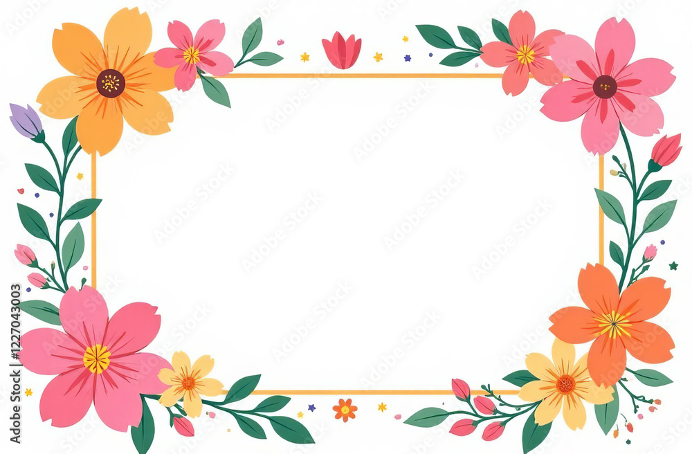 Naklejka premium Pink spring flowers are arranged in a frame shape, with space for text in the center.