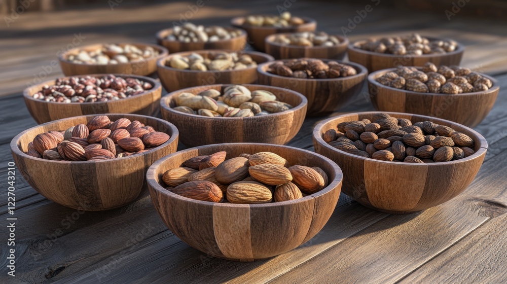 Assorted nuts in wooden bowls on wooden table Assorted nuts in wooden bowls on wooden table