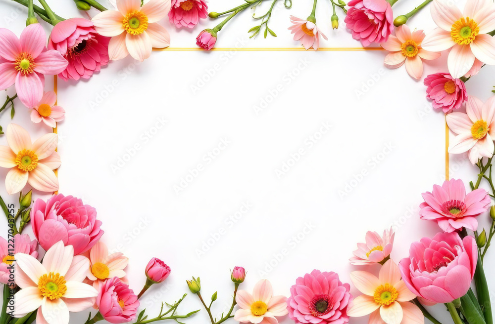 Pink spring flowers are arranged in a frame shape, with space for text in the center. Pink spring flowers are arranged in a frame shape, with space for text in the center.