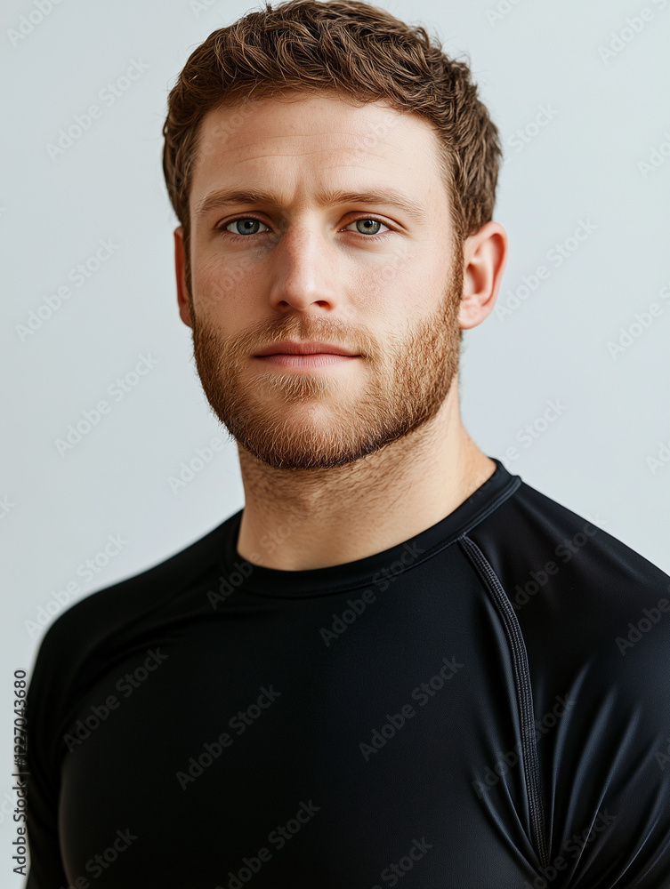 Fototapeta premium Portrait of a fit, confident man in a black sports shirt, exuding strength and determination. Perfect for fitness, health, and active lifestyle concepts. Clean background for versatile use