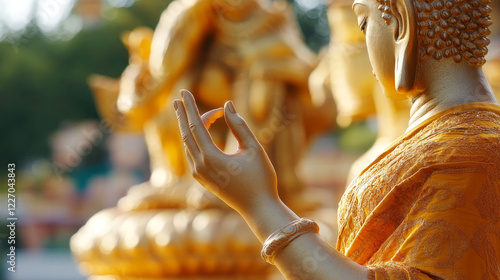 Buddhism symbols, yoga meditation and Buddhist religion icons. Vector Buddha monk with mudra gesture in yoga posture, Dharma wheel and Yin Yang sign, temple stupa and elephant, swastika and lotus photo