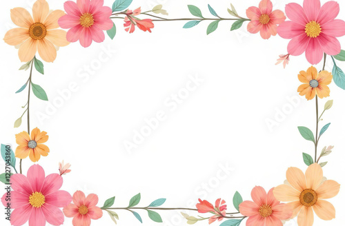 Pink spring flowers are arranged in a frame shape, with space for text in the center.